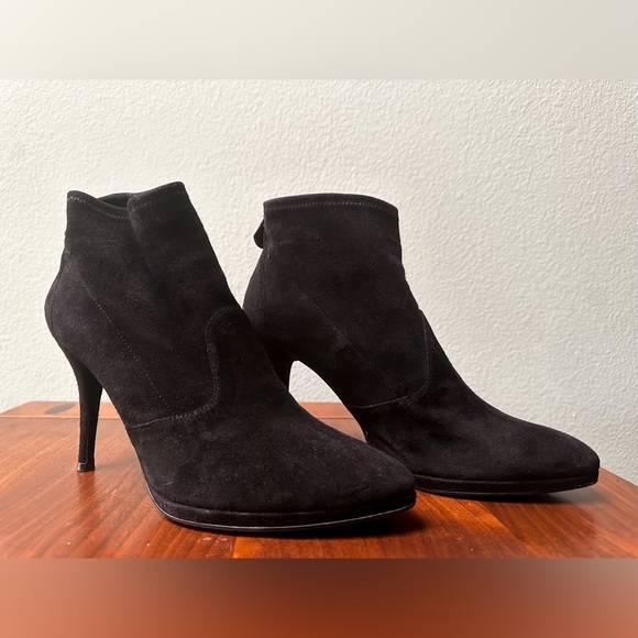 Stuart Weitzman Black Suede Stretch Boots Sock Booties Designer Heel Short Pull - Picture 6 of 15